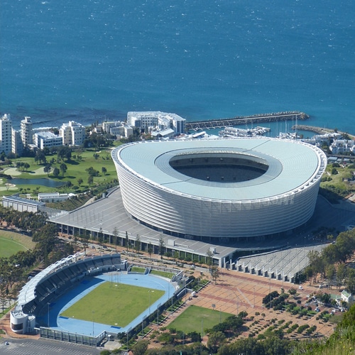 ariel view of stadium and sports field